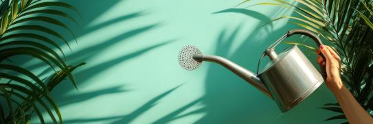 Hand hält eine Gießkanne mit Palmenblättern im Hintergrund